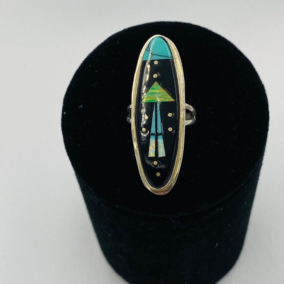 Handcrafted Sterling Silver Inlay Ring by Gilbert Smith, Abstract Design Size 1. - Picture 1 of 12